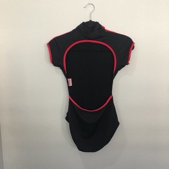 Natalie Dancewear black mock turtleneck leotard, red trim and shoulder stripe - Picture 2 of 2
